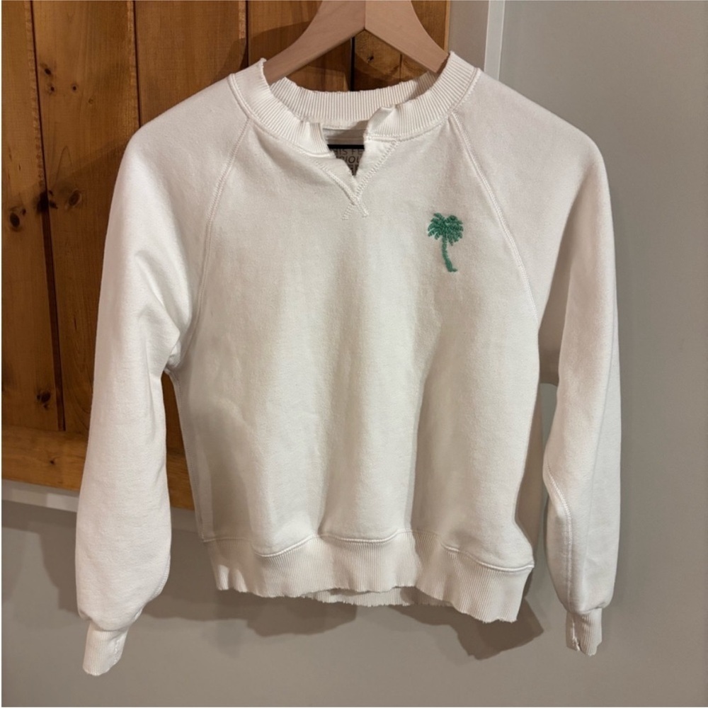American Eagle Outfitters White Crewneck Sweatshirt with Green Palm Embroidery